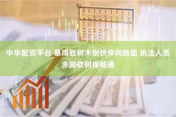 中华配资平台 暴雨致树木倒伏伸向路面 执法人员赤脚砍树保畅通